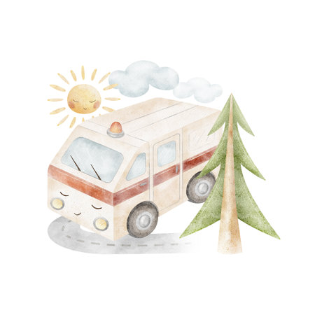 Watercolor illustration ambulance car city service, medical transport, trees, sun, clouds. Hand drawn composition in cartoon style on isolated background for design childrens cards, posters, clothesの写真素材