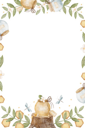 Frame watercolor illustration jar, honey pot, honeycomb in chamomile flowers, leaves, dragonfly. Hand drawn illustration childish template vertical for design postcard, product label, food, place textの写真素材