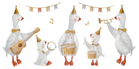 Watercolor set of geese musicians holding drum, guitar, trumpet, tambourine. Retro musical instruments. Hand drawn illustration on isolated background for design kids cards, birthday, holiday, stickerの写真素材