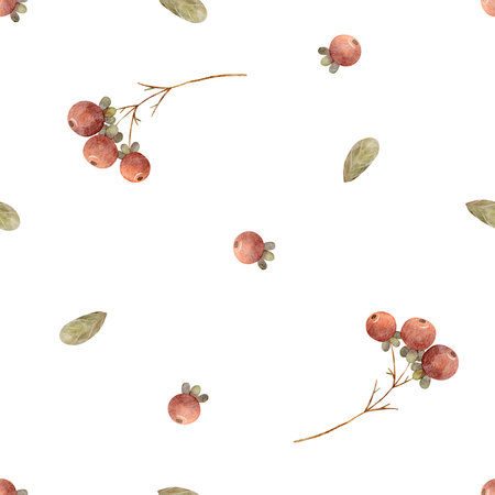 Pattern watercolor illustration autumn berries red, green leaves branches hand drawn in childrens style. Seamless print on white background for textile design, fabric, packaging, baby clothes, cardの写真素材