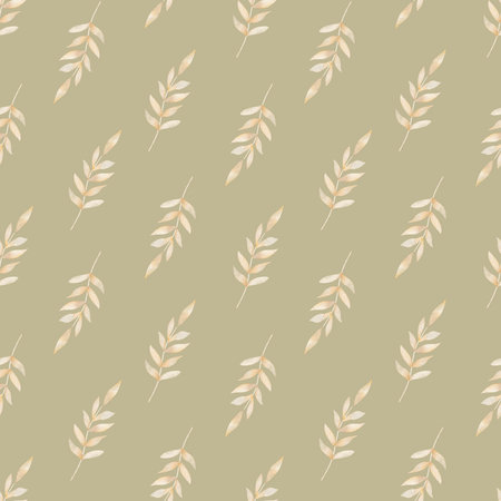 Pattern light beige leaves, golden color branch. Watercolor illustration hand drawn stylized. Seamless simple print on pastel green background for design textiles fabrics, packaging, clothes, postcardの写真素材