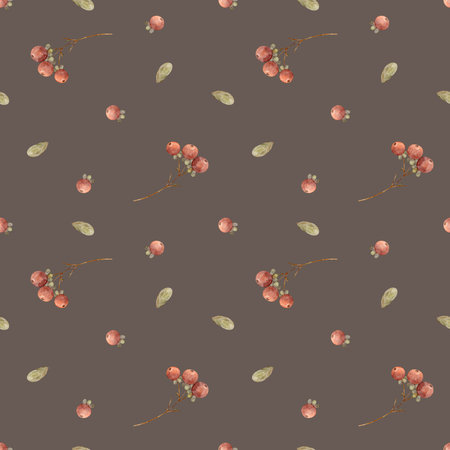 Pattern watercolor illustration forest berries red, greenery leaves branches hand drawn in retro style. Seamless print on brown background for textile design, fabric, packaging, baby clothes, cardの写真素材