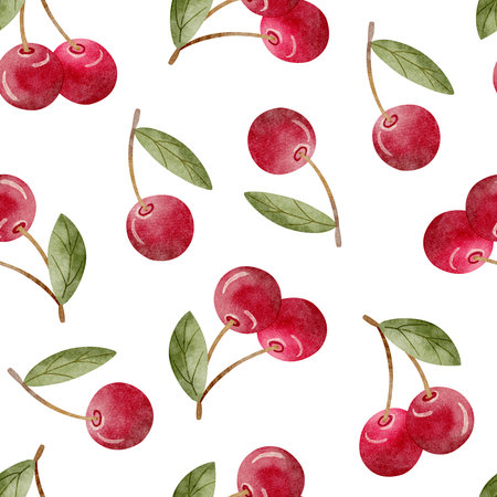 Pattern berries cherries with green leaves watercolor illustration juicy fruit red pink hand drawn. Seamless print on isolated background for textile design, fabric, packaging, clothes, postcardの写真素材