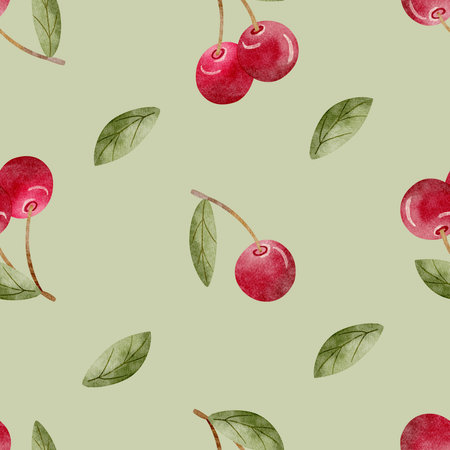 Pattern watercolor illustration cherry berries with green leaves red fruits hand drawn. Seamless print on pastel green background for design textiles, fabrics, packaging, clothes, postcard, packagingの写真素材