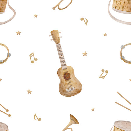 Watercolor pattern musical instruments, guitar, drum, trumpet. Illustration hand drawn in childrens style. Seamless print isolated background for textile design, fabric, wallpaper, packaging, clothesの写真素材