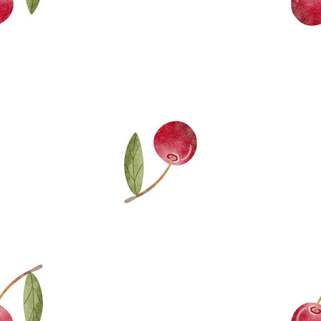 Pattern childrens berries cherries green leaves watercolor illustration fruit hand drawn. Seamless simple minimalistic print on isolated background for design textiles, fabrics, clothes, postcardの写真素材