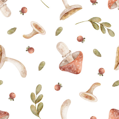 Watercolor pattern mushrooms berries green branches leaves. Autumn forest harvest illustration is hand drawn. Seamless print on isolated background for textiles, fabrics, wallpaper, packaging, clothesの写真素材