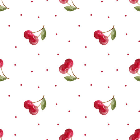 Pattern watercolor illustration of cherry berries green leaves dots red hand drawn. Seamless print in retro style on isolated background for design textiles, fabrics, packaging, clothes, postcardの写真素材