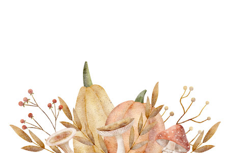 Watercolor autumn pumpkins leaves mushrooms berries. Frame hand drawn illustration yellow orange in retro style. Composition for invitations, postcards, posters, packaging, holidays, dishes, labelsの写真素材
