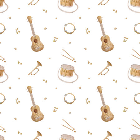 Watercolor pattern musical instruments, guitar, drum, trumpet notes. Illustration hand drawn in childrens style. Seamless print isolated background for textile design, fabric, wallpaper, packagingの写真素材