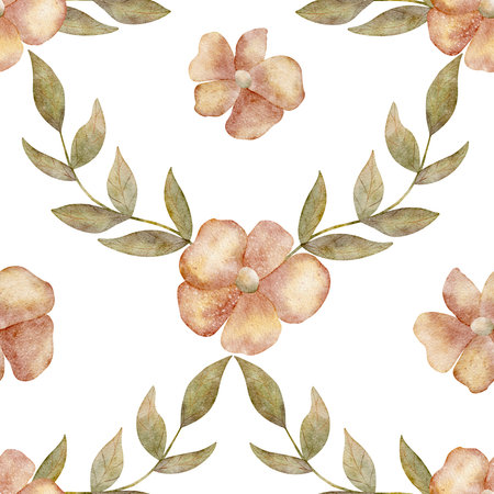 Pattern motifs of autumn watercolor flowers and green branches leaves. Illustration hand drawn. Seamless print on an isolated background for design of textiles, fabrics, wallpapers, packaging, clothesの写真素材