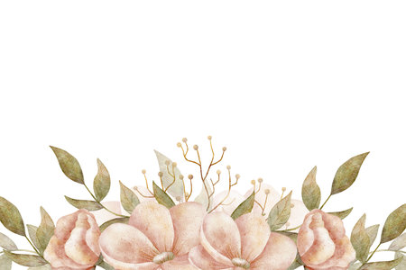 Frame watercolor pink flowers green leaves, illustration vintage peonies, roses hand drawn isolated background. Rectangular template for invitation holiday postcards packaging cosmetics dishes weddingの写真素材