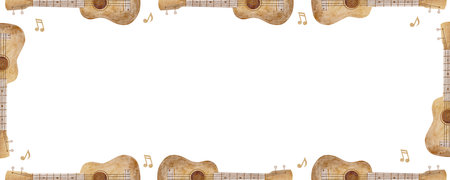 Frame vintage guitar watercolor illustration musical instruments notes hand drawn. Template in brown, beige on isolated background for invitation design concert orchestra postcard poster nursery decorの写真素材