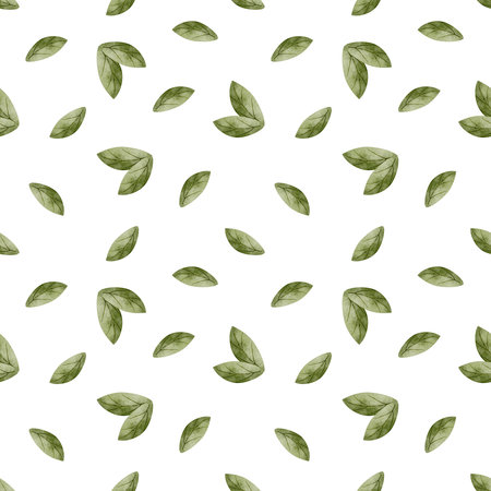 Pattern green leaves cherry, flying leaf fall watercolor illustration hand drawn. Seamless print on isolated background for design childrens textiles, fabrics, packaging, clothes, postcardの写真素材