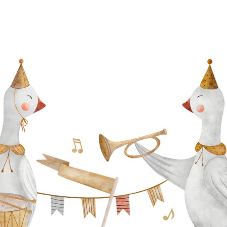 Frame geese musicians, watercolor illustration birds musical instruments trumpet drum notes hand drawn. Template for design invitation, birthday, congratulations, postcard, poster, nursery decorの写真素材