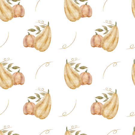 Autumn harvest pattern of pumpkin yellow, orange leaves, curls. Watercolor illustration vegetables hand drawn. Seamless print on isolated background for textiles, fabrics, wallpaper, packaging clothesの写真素材
