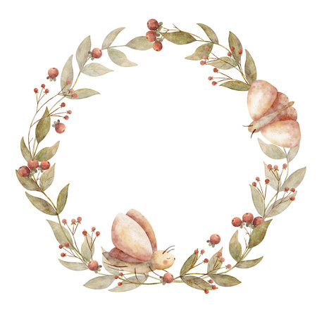 Wreath moth, butterfly watercolor illustration green branches leaves, red berries. Template round hand drawn in childrens style on isolated background for design postcards, holidays, clothes, dishesの写真素材