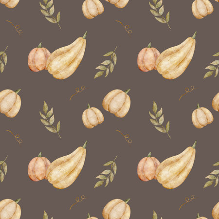 Watercolor pattern of pumpkin orange leaves, curls. Illustration of vegetables autumn harvest hand drawn. Seamless print on dark brown background for textiles, fabrics, wallpapers, packaging, clothesの写真素材