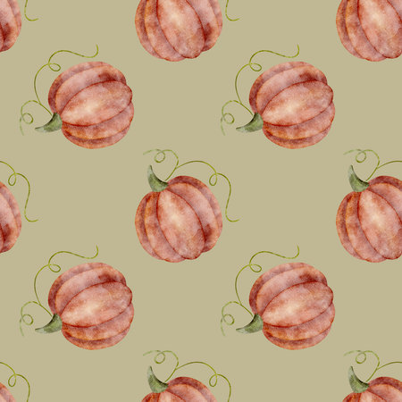Watercolor pattern red retro pumpkin. Illustration vegetables autumn harvest hand drawn. Seamless print on pastel green background for textile design, fabrics, wallpapers, packaging, clothes, postcardの写真素材
