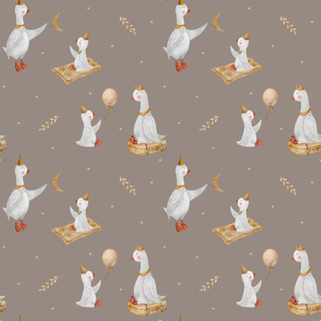 Seamless pattern geese dad mom baby catches stars moon. Watercolor illustration goose hand drawn in childrens style on dark brown background for the design of textiles, fabrics, packaging, clothesの写真素材