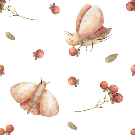 Pattern watercolor illustration moth, butterfly, berries, leaves. Autumn print hand drawn in childrens style. Seamless on white background for textile design fabric, packaging, baby clothes, postcardの写真素材