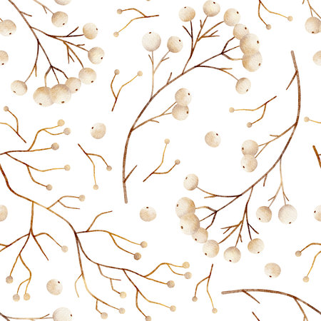 Pattern watercolor illustration dry snowberry, white berries, beige golden twig, hand drawn. Seamless print in vintage on isolated background for textile design, fabric, packaging, clothes, postcardの写真素材