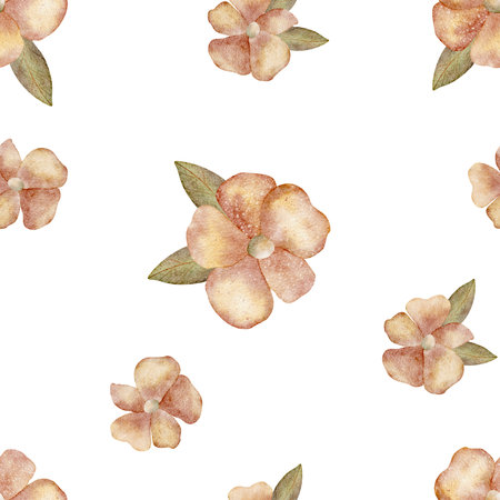 Pattern of autumn watercolor flowers of orange color green leaves. Illustration hand drawn. Seamless print on isolated background for design of textiles, fabrics, wallpapers packaging clothes postcardの写真素材