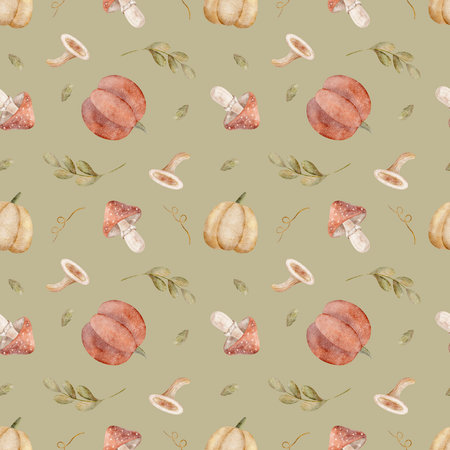 Pattern of watercolor pumpkins, mushrooms, branches leaves. Autumn harvest illustration drawn hand. Seamless print on pastel green background for design textiles, fabrics wallpapers, packaging clothesの写真素材