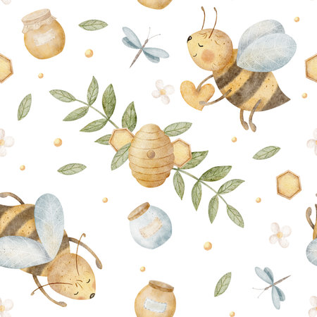 Seamless pattern bees fly with honey jars, hives with twigs. Watercolor illustrations in cartoon style. Report for printing on textiles, fabrics, packaging, clothes, cards, gift paper, bags, wallpaperの写真素材