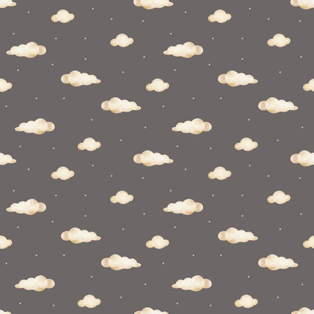 Childrens pattern cute beige clouds among stars. Hand-drawn watercolor illustration in monochrome. Seamless print on dark gray background suitable for fabric, wallpaper, packaging, textilesの写真素材