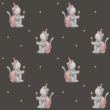 Pattern wizard cat holding magic wand, star. Hand drawn watercolor illustration in childish style. Seamless print on dark gray from background for textiles, fabrics, clothing, wallpaper, packagingの写真素材