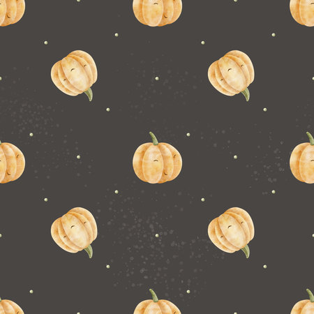 Pattern of cheerful pumpkins among dots. Hand-drawn watercolor illustrations in halloween childish style. Seamless print isolated from background for textiles, fabrics, clothing, wallpaper, packagingの写真素材