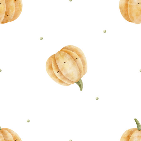 Pattern of cheerful pumpkins among dots. Hand-drawn watercolor illustrations in halloween childish style. Seamless print isolated from background for textiles, fabrics, clothing, wallpaper, packagingの写真素材