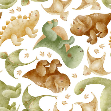 Dinosaur pattern Stegosaurus Triceratops Tyrannosaurus Pterosaur. Watercolor illustration, hand-drawn in childish style. Seamless print isolated from background for textiles fabrics clothing wallpaperの写真素材