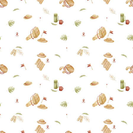 Pattern featuring hiking backpack hat map leaves travel essentials. Watercolor illustration, hand-drawn childish style. Seamless print isolated from background for textiles fabrics clothing wallpaperの写真素材