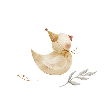 Duckling watercolor illustration, cute bird, animal in vintage party hat on isolated background. Hand-drawn duck in childish retro style for greeting cards, posters, invitations, baby nursery decorの写真素材