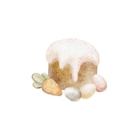 Easter cake, colored chicken eggs, carrot cookies. Watercolor illustration of holiday baked goods in...