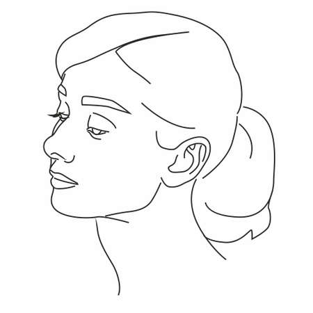 Vector illustration with a beautiful girl in profile. Line graphics for notepad and postcard covers, isolated from the white background.のイラスト素材