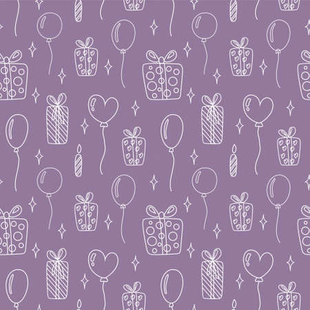 Seamless vector pattern with white holiday elements on a purple background: gifts, balloons and stars.のイラスト素材