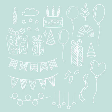 A set of white contour holiday elements: balloons, caps, garlands, cake, gifts, confetti and ribbons, candles. Vector illustration for creating patterns.のイラスト素材