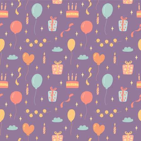 Bright seamless pattern of gifts, balloons, garlands and candles and ribbons on a purple background. Vector for decorating children's holidays, gift packaging and postcards.のイラスト素材