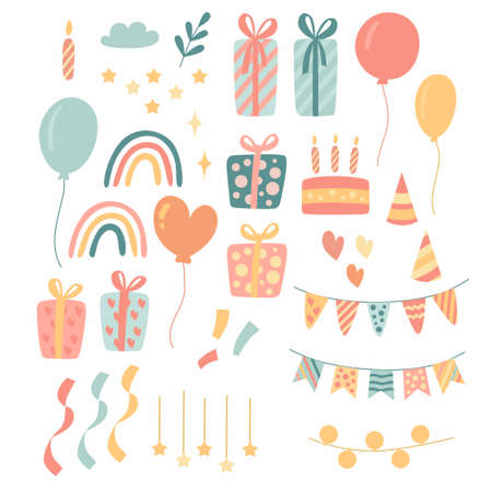 Vector set of bright holiday elements: balloons, gifts, confetti and ribbons, cake and candles, flags and caps, stars in pink, blue and yellow.のイラスト素材