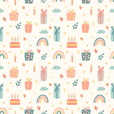 Seamless vector pattern in light background color with festive elements of blue, pink and yellow: gifts, cake, rainbow, candles and hearts for cards, gift packaging.のイラスト素材