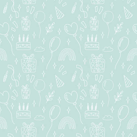 Seamless vector pattern on a blue background with festive Doodle elements: balloons, cakes, caps and gifts.のイラスト素材