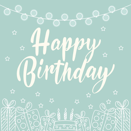 Vector illustration with hand-made lettering with white contour items on a blue background: gifts, garland, stars and cake. For a postcard, banner, or poster.のイラスト素材