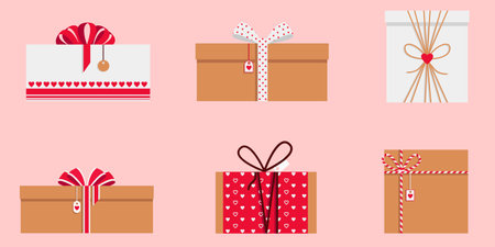 Set of 6 stylish Valentine's Day gift boxes. Vector love symbols in the shape of a heart. Pink background. Romantic designのイラスト素材