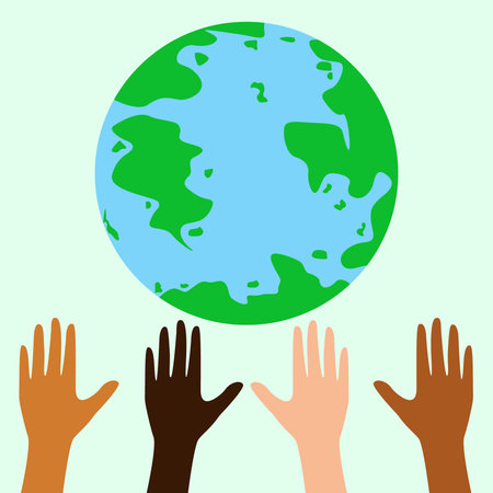 Earth Day greeting card. Save the Earth poster. Hands raised to the globe. Vector eco flyer.のイラスト素材