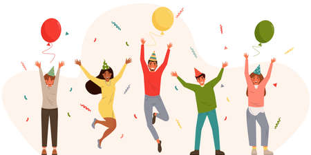 Groups of young happy people celebrating a party. Smiling men and women with hands raised up. Isolated flat vector illustration with confetti on abstract backgroundのイラスト素材