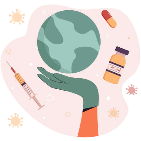 A nurse's gloved hand holds a globe.のイラスト素材