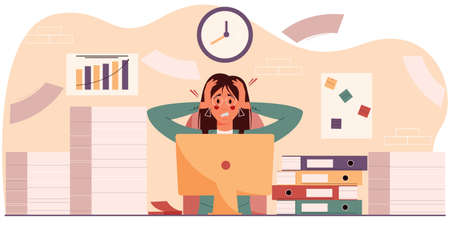 Exasperated woman in the workplace sits among a pile of papers and folders. The concept of professional burnout, overwork at work. Businesswoman with a headache. Vector illustrationのイラスト素材